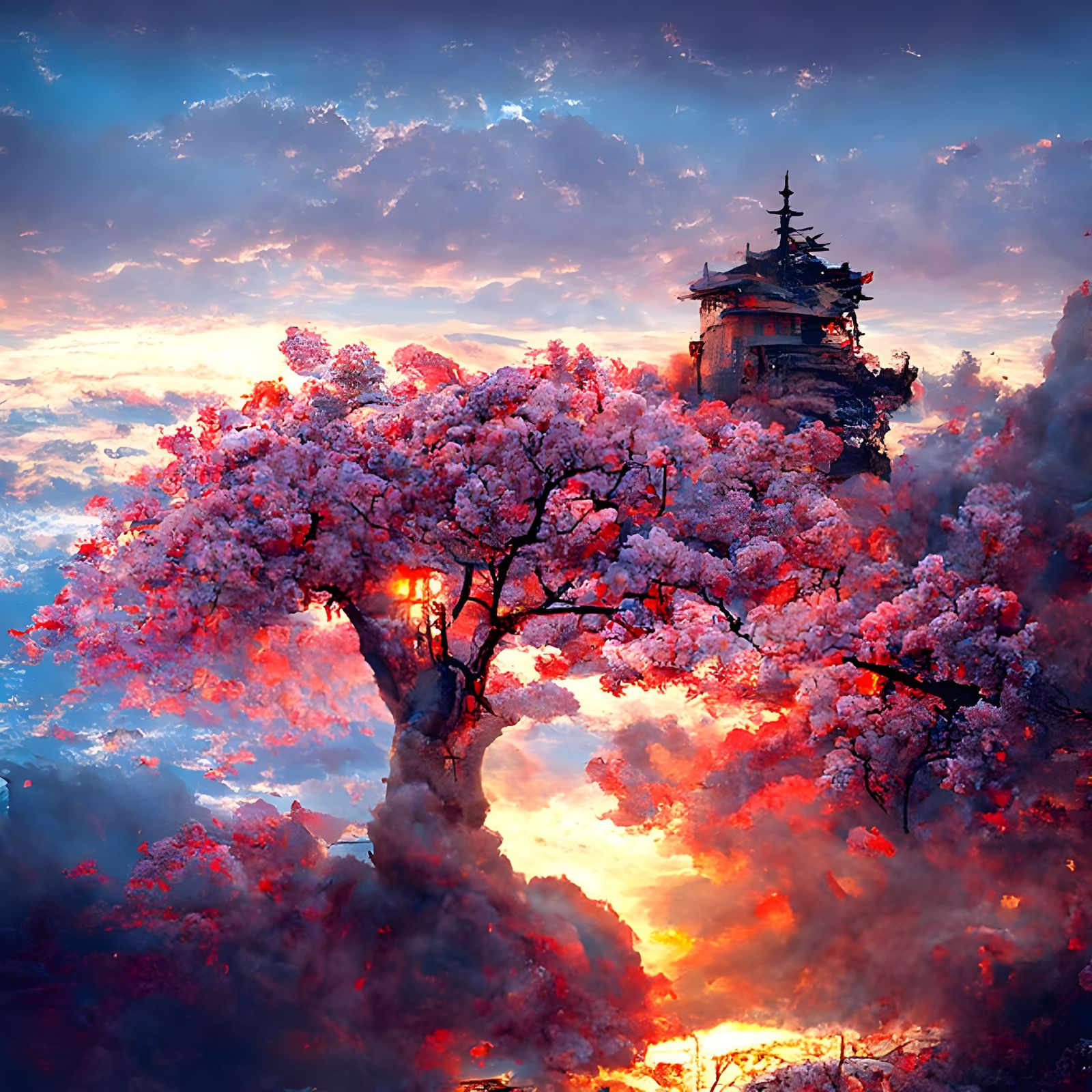 Sakura Stardust Tree Sunset: Surreal Vexel Art