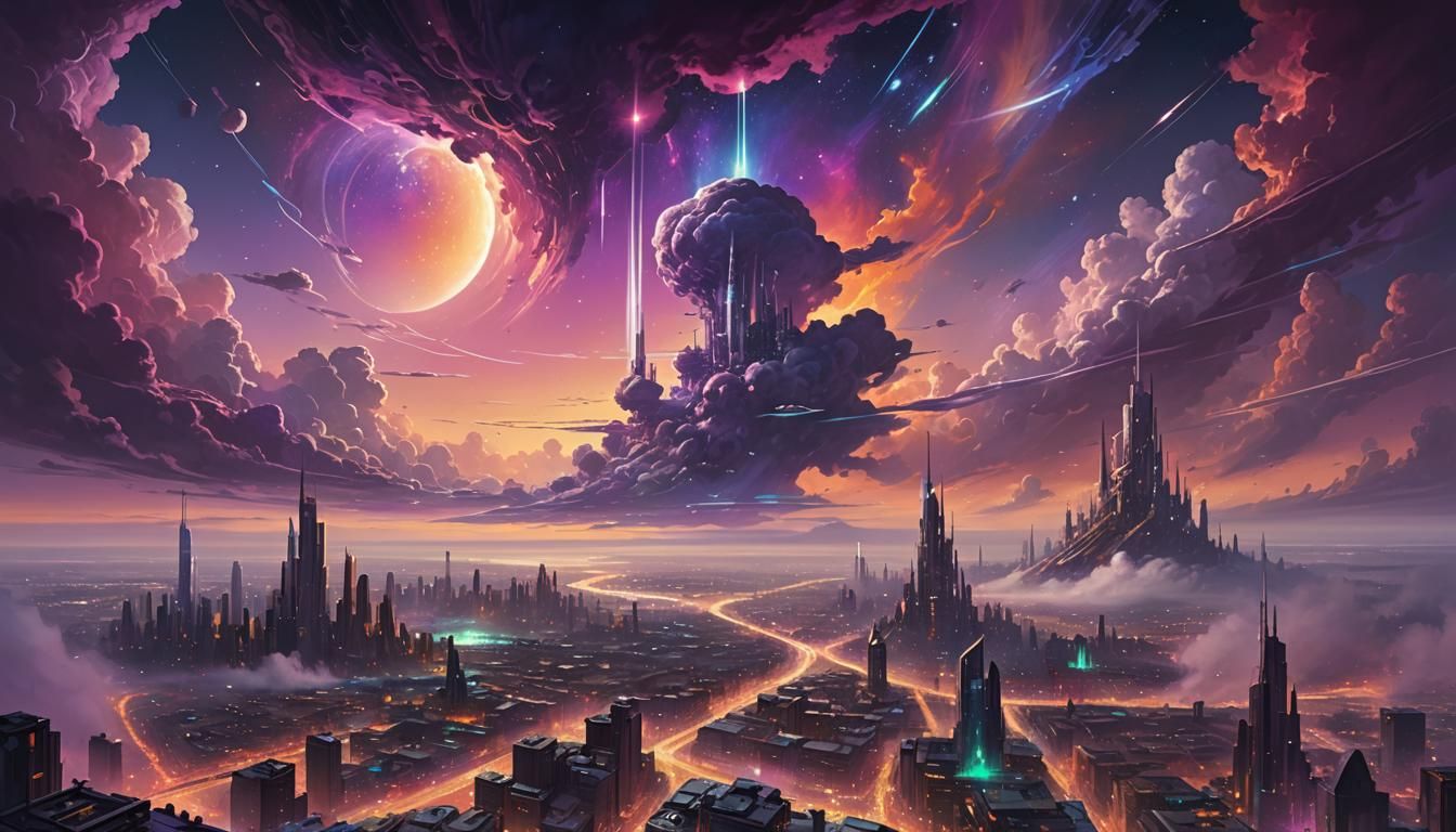 Futuristic Cityscape at Dusk: Vibrant Sci-Fi Oil Painting