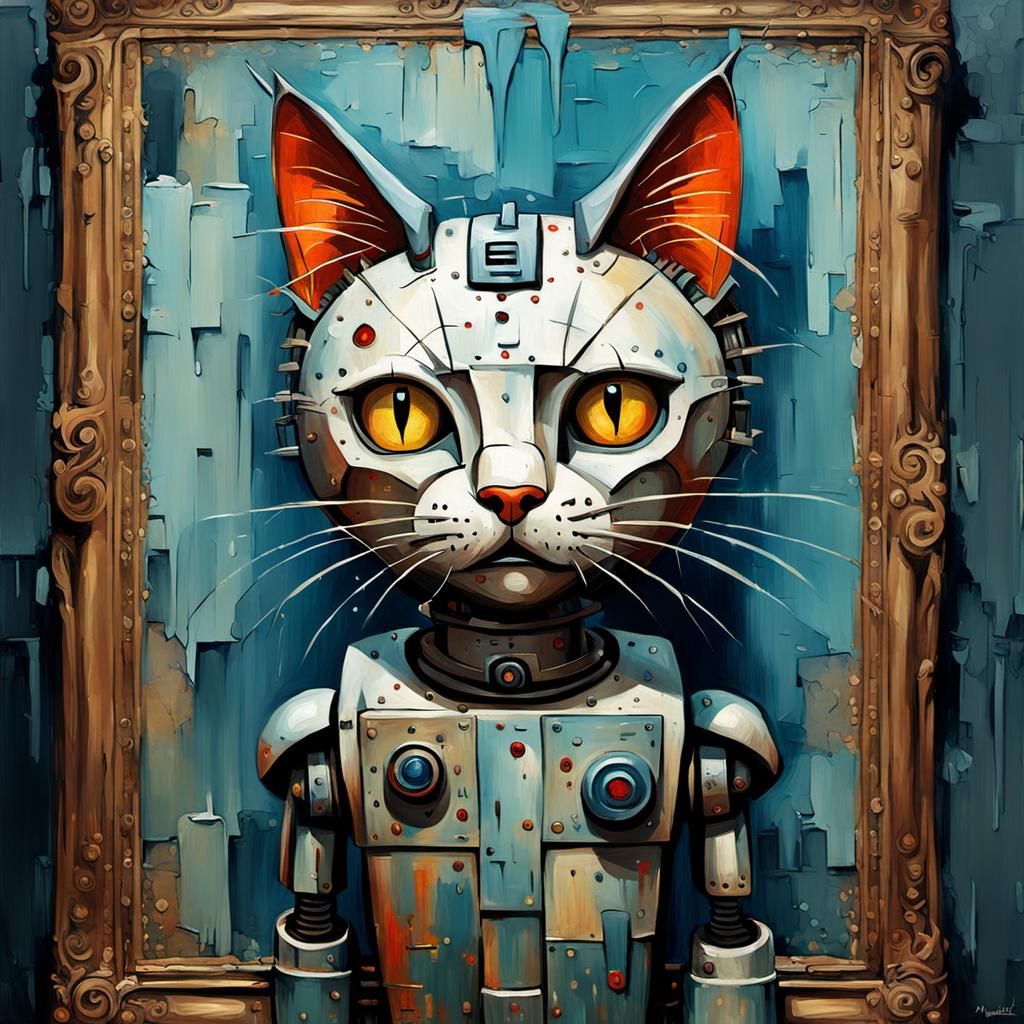 Grotesque Robot Cat in Gothic Impressionist Style