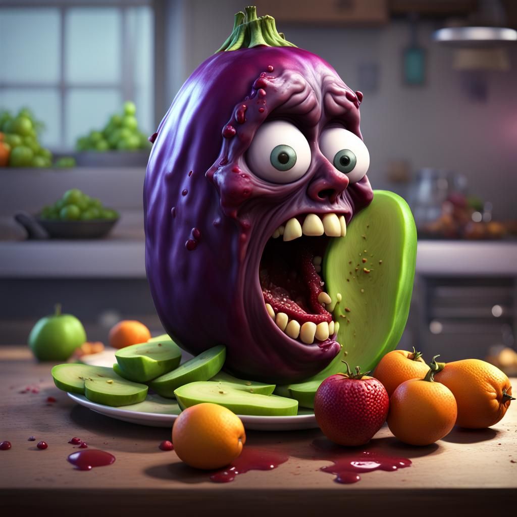 Hyperrealistic Zombie Eggplant Feast: Digital Art