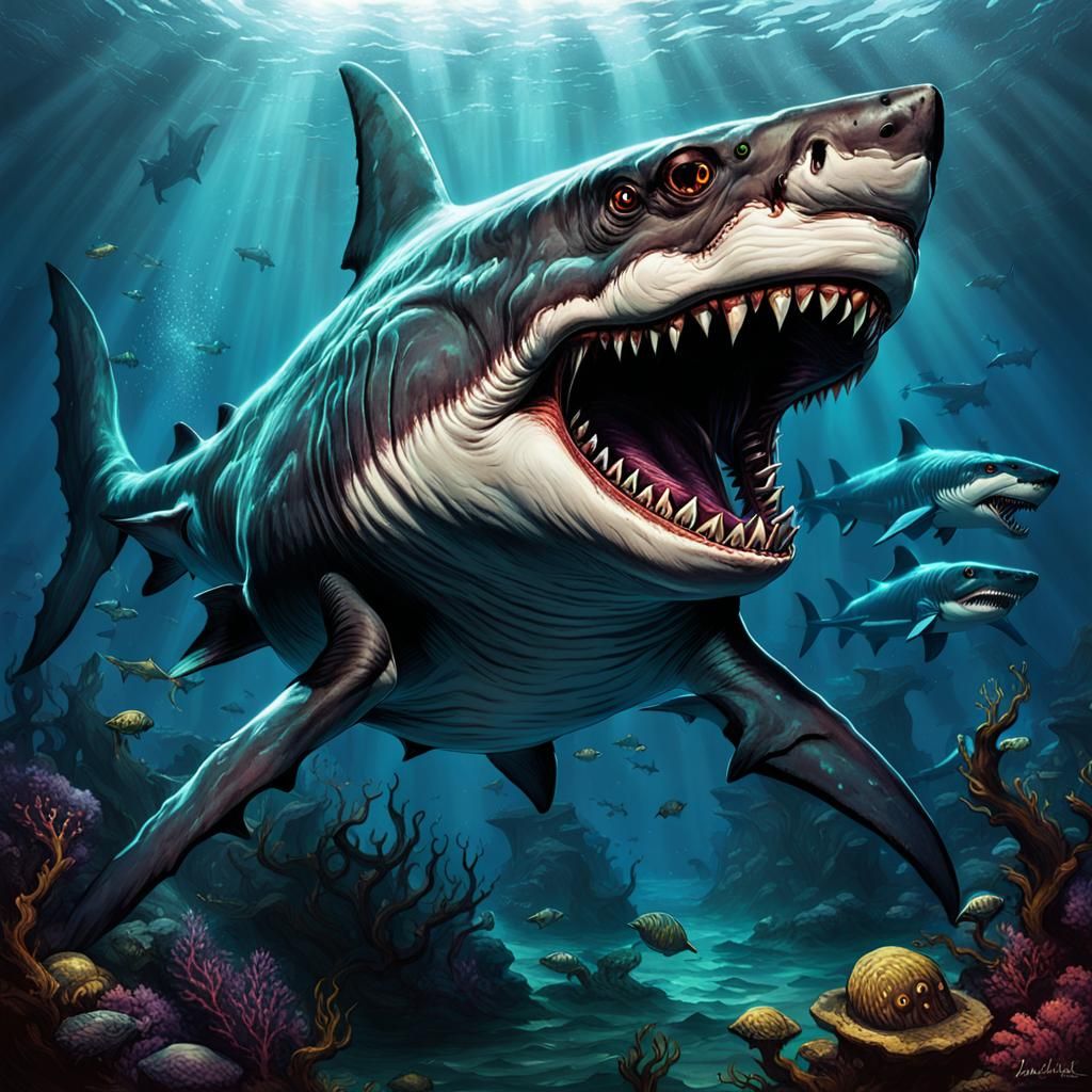 Sinister Abyssal Shark Monster in Art Nouveau Style