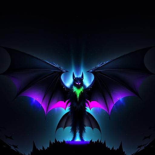 Who's afraid of the big black bat 3D, photo realistic,  glitchy bioluminescent brushstrokes masterpiece,cinematic lighti...