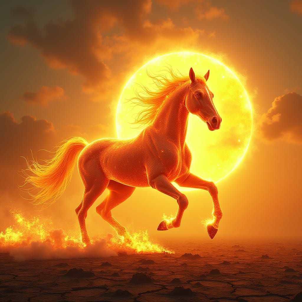 Solar Horse Galloping Across Scorched Futuristic Field
