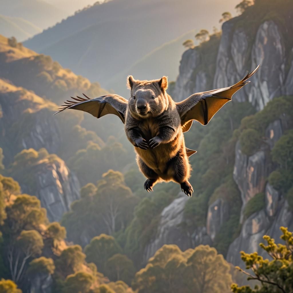 Wombat with Bat Wings Soaring in Mountains