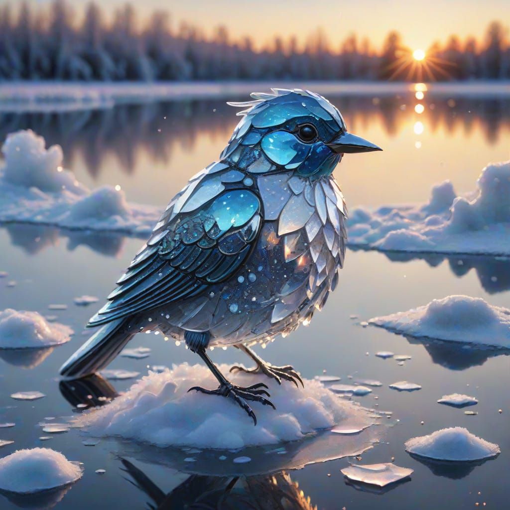 Crystal Bird in Winter Sunset Sparkles