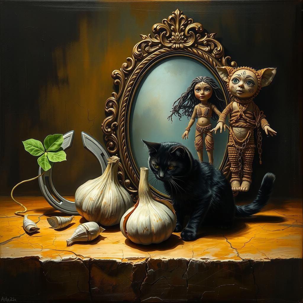 Mystical Still Life with Black Cat as Impasto Painting