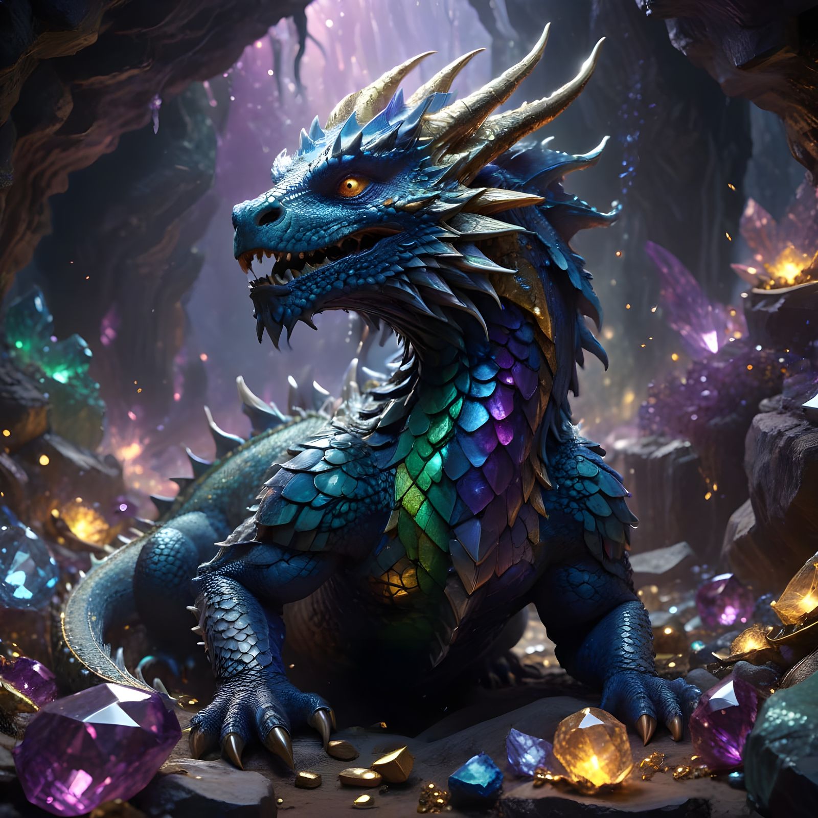 Majestic King Dragon in Iridescent Scales, Guarding Golden T...
