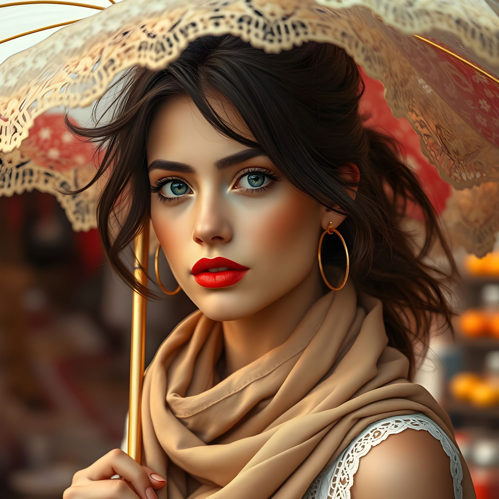 Elegant Woman Holds Delicate Umbrella in Dreamy Marketplace...