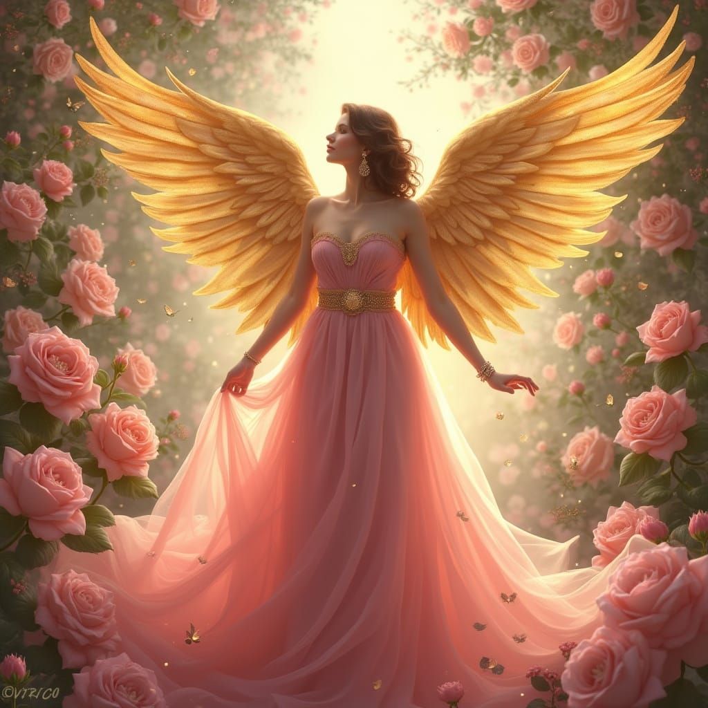 Graceful Woman with Golden Angel Wings and Roses