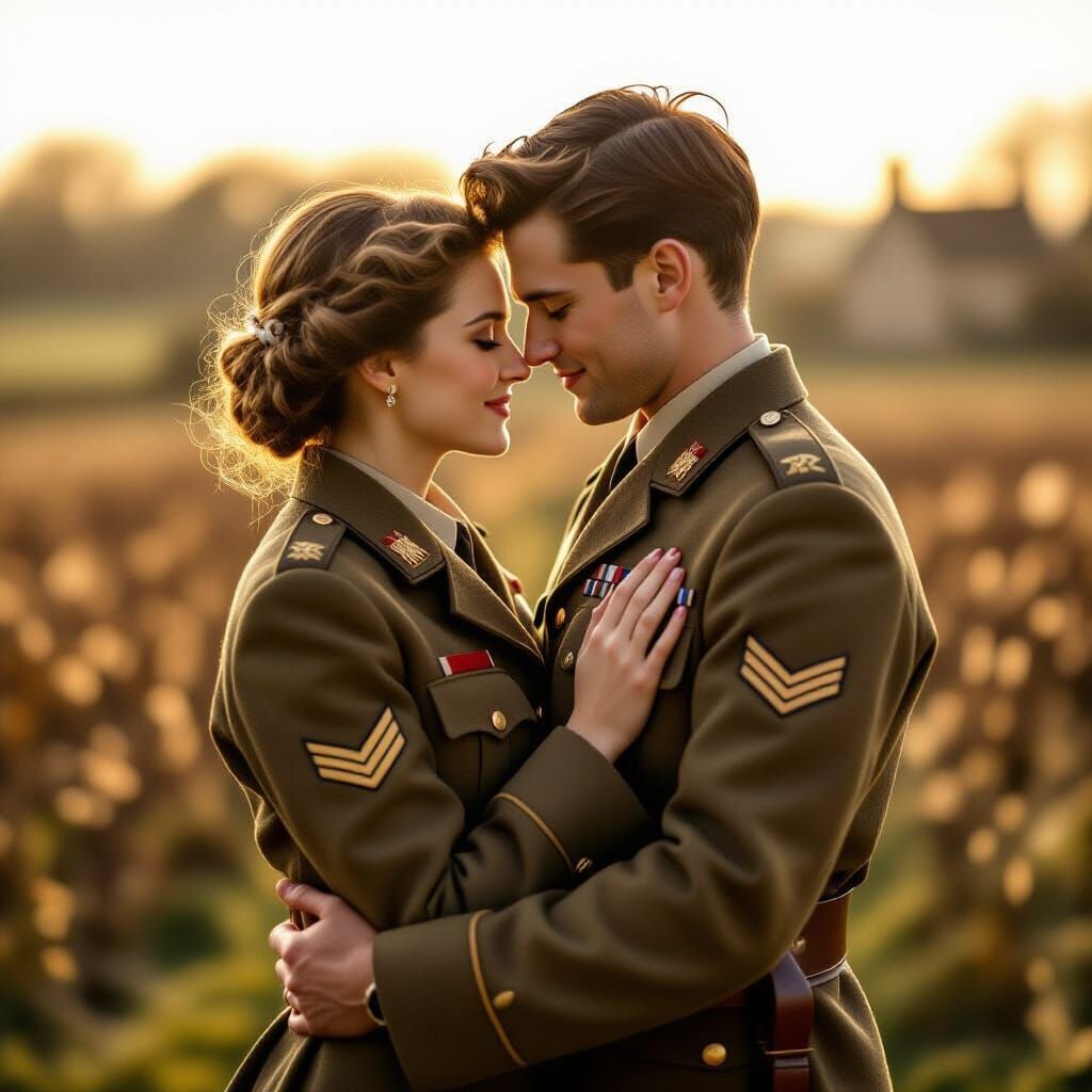 WWII Couple's Tender Embrace in Golden Hour