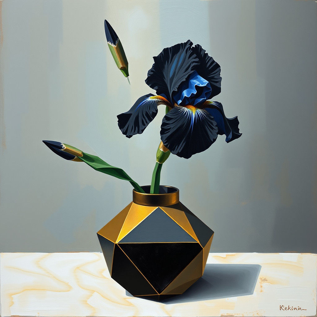 Black and Blue Iris Still Life in Retrofuturist Style