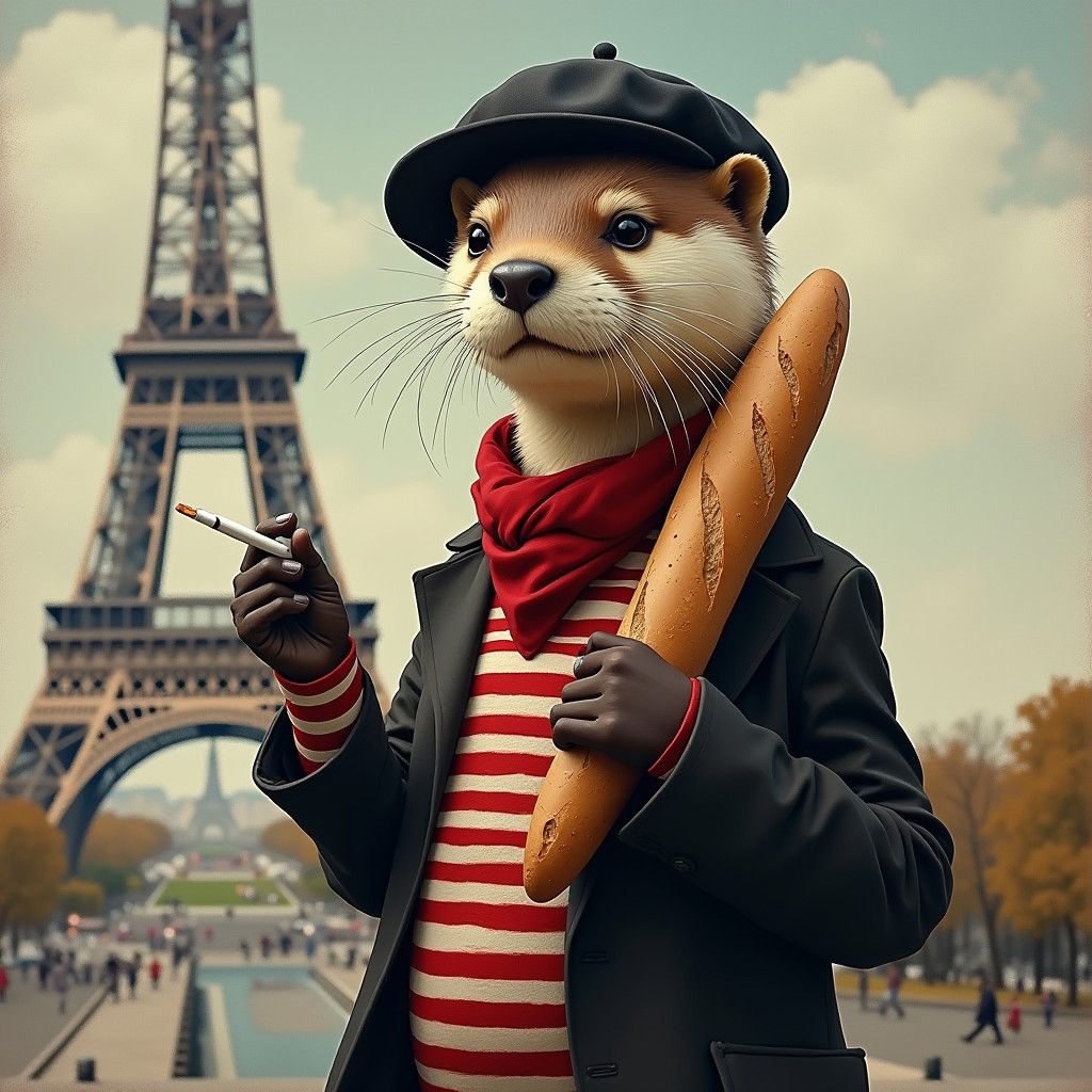 French Otter at Eiffel Tower, Basquiat Style