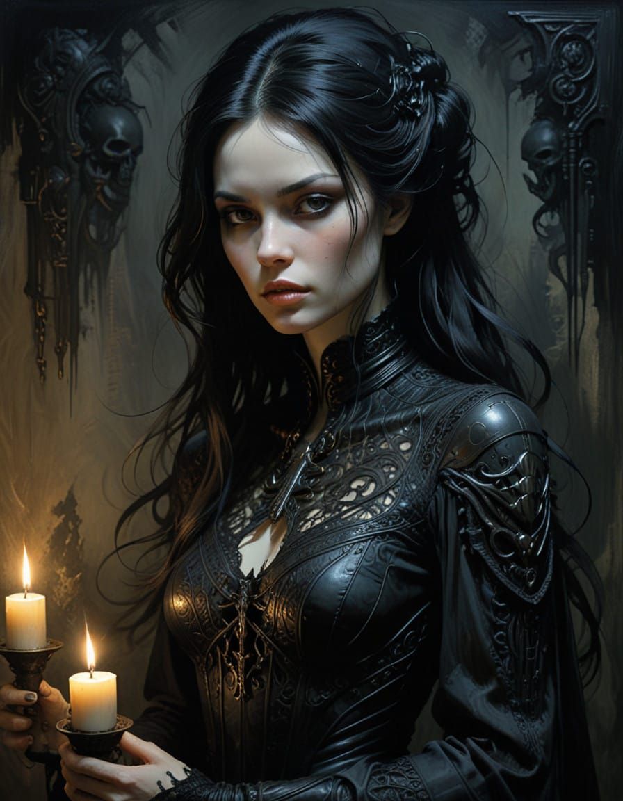 Mysterious, Velvet Night Siren in a Dark, Lace-Gown Enshroud...