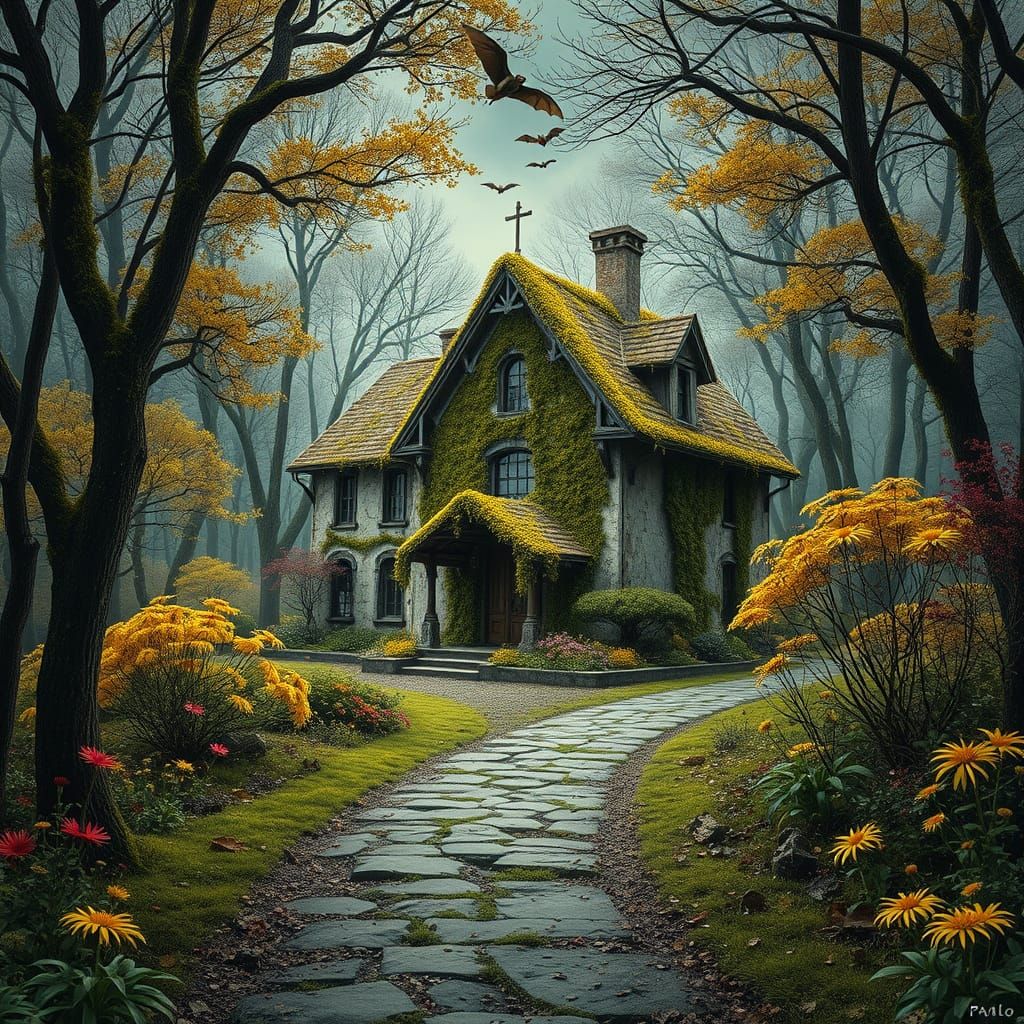 Abandoned Mansion in a Vibrant, Yellow and Red Forest