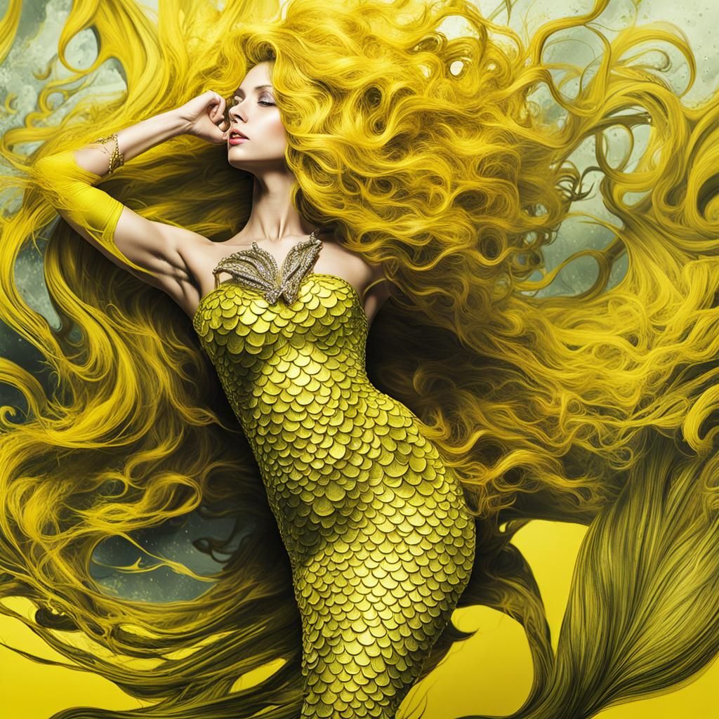 Bright Yellow Mermaid in Auroracore Style