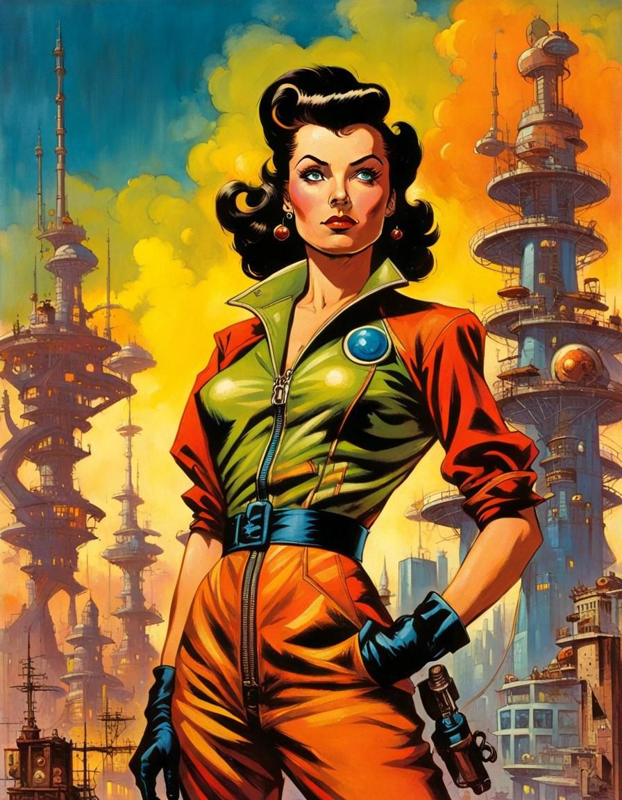 Atompunk Starship Mechanic in Retro Cityscape