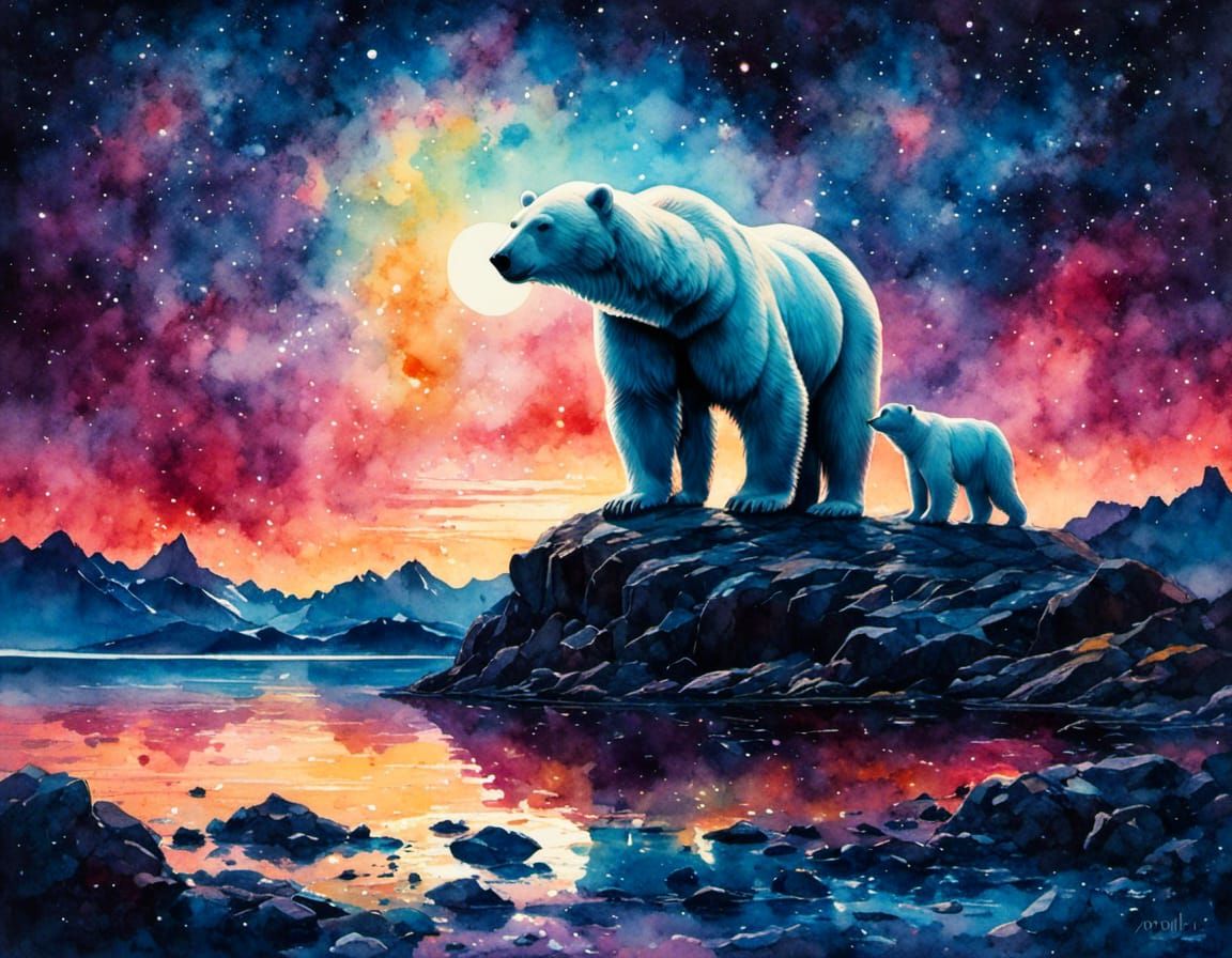 Polar Bear Silhouette in Colorful Watercolor Night Sky