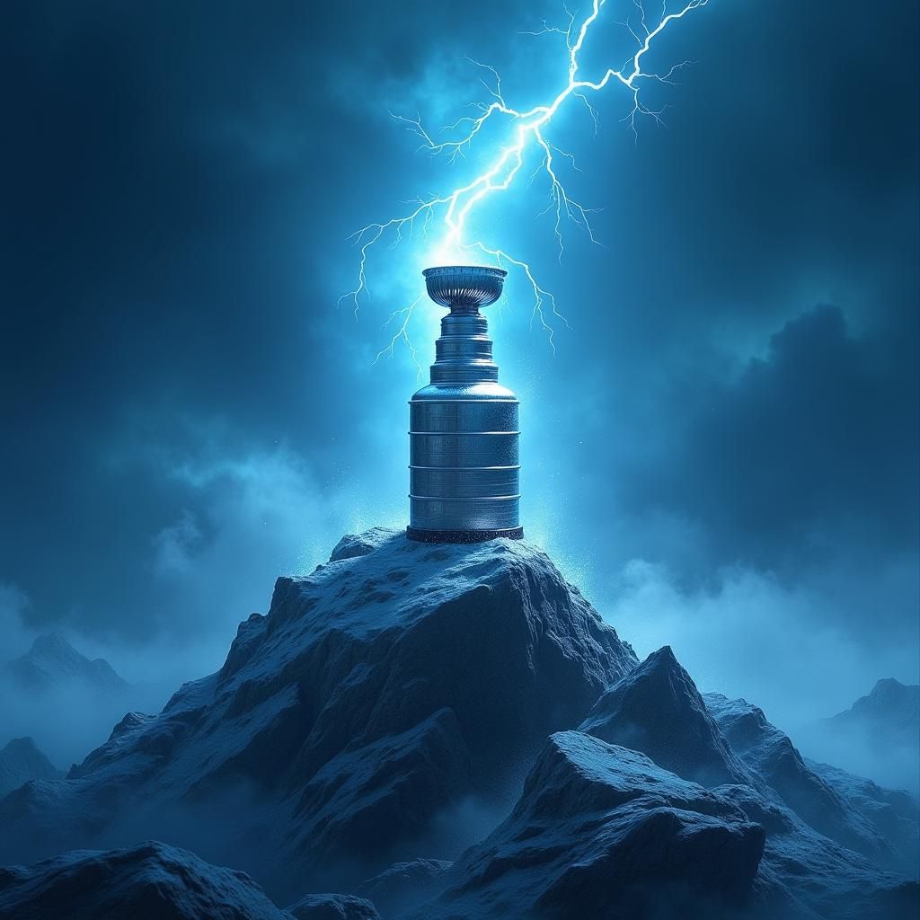 Stanley Cup Stands Against Storm on Mountain Peak
