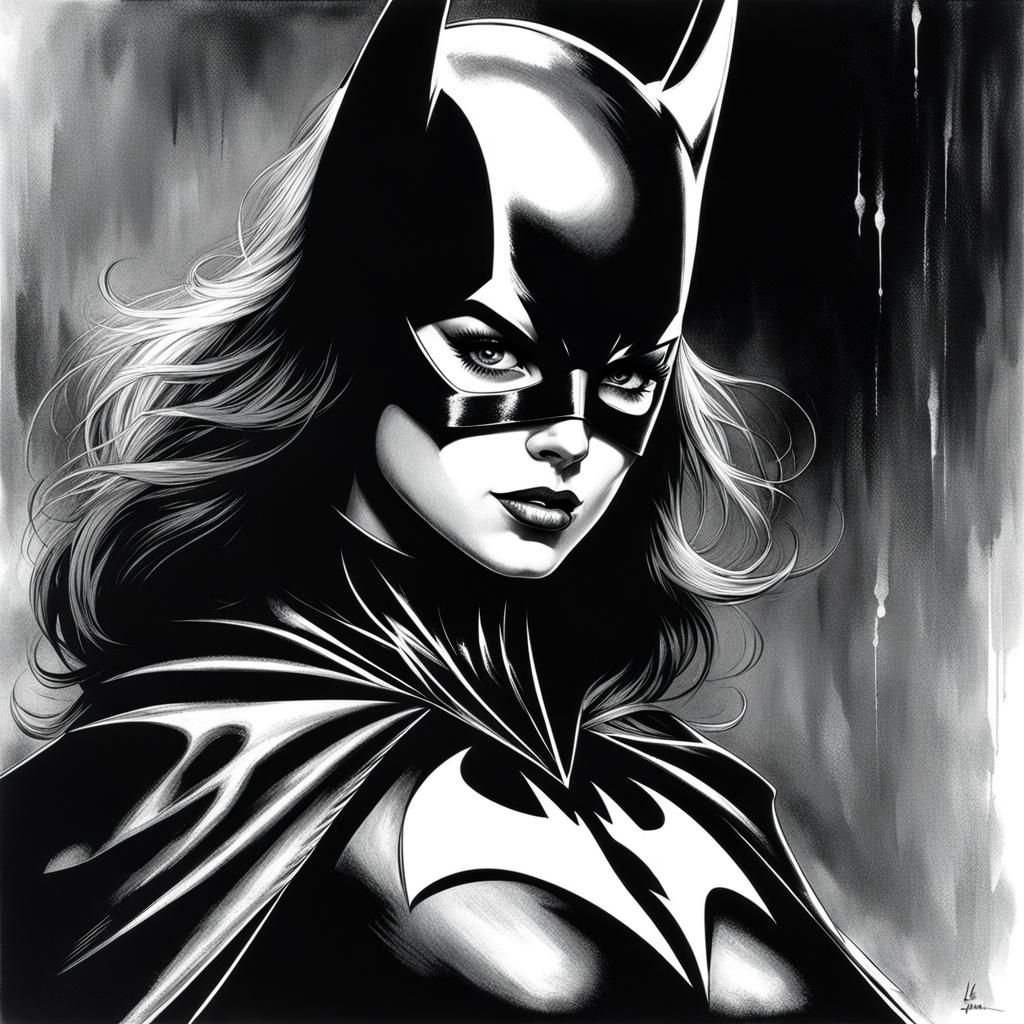 Vintage Monochrome Portrait of Batgirl by Luis Royo