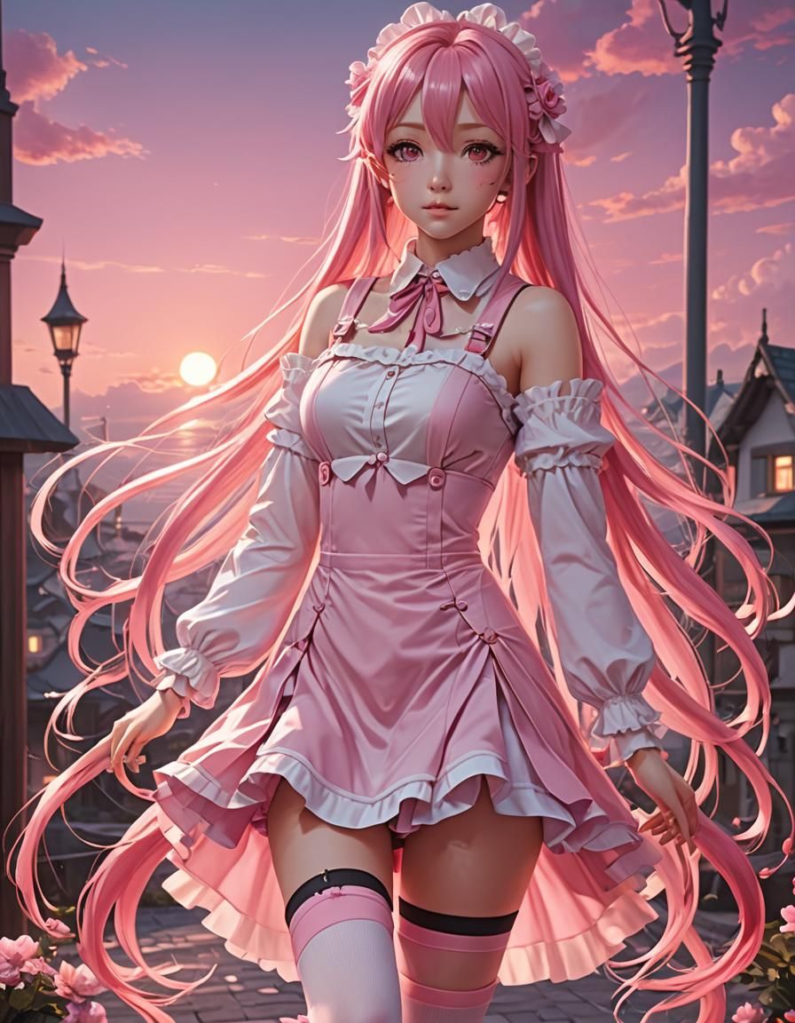 Anime Woman in Pink Maid Outfit, 3D Render
