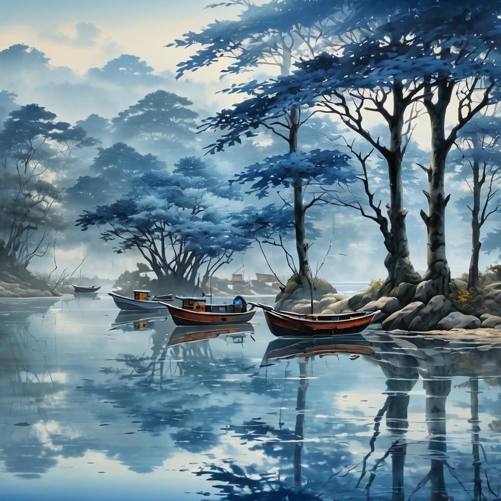 Blue Maples on Misty Estuary in Gong-bi Style