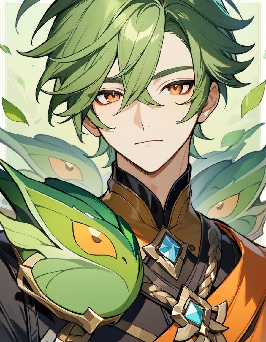 Green-Haired Anemo Man Portrait in Genshin Style
