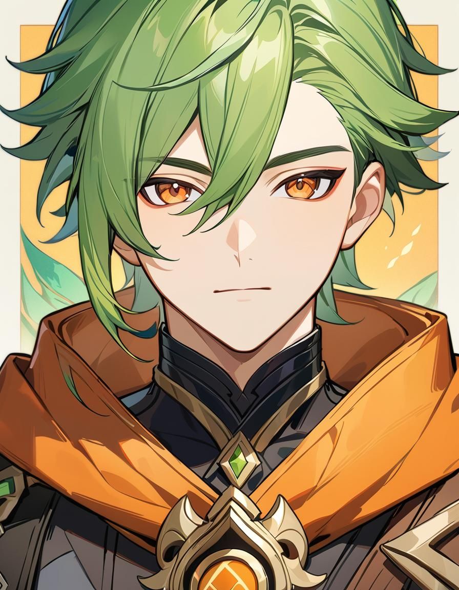 Green-Haired Anemo Man Portrait in Genshin Style