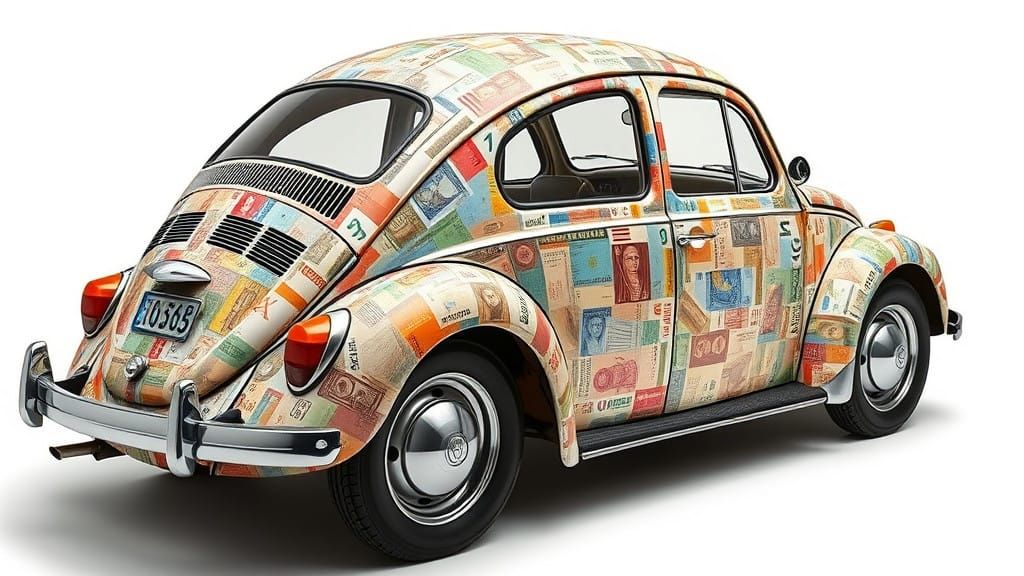 Mosaic Volkswagen Beetle in Colorful Currency Style