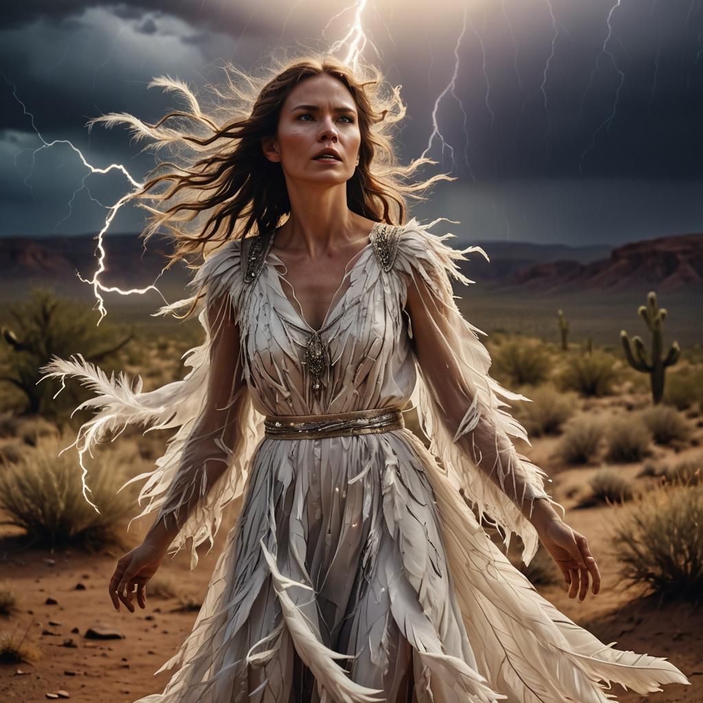 Desert Mesa Woman in Lightning Storm: Cinematic Still