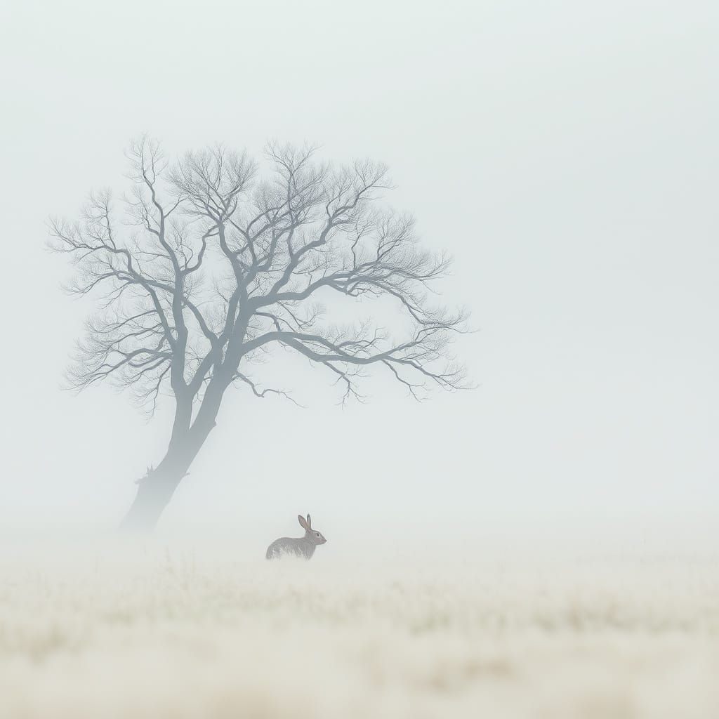Impressionist White Prairie Landscape with a Lone Rabbit