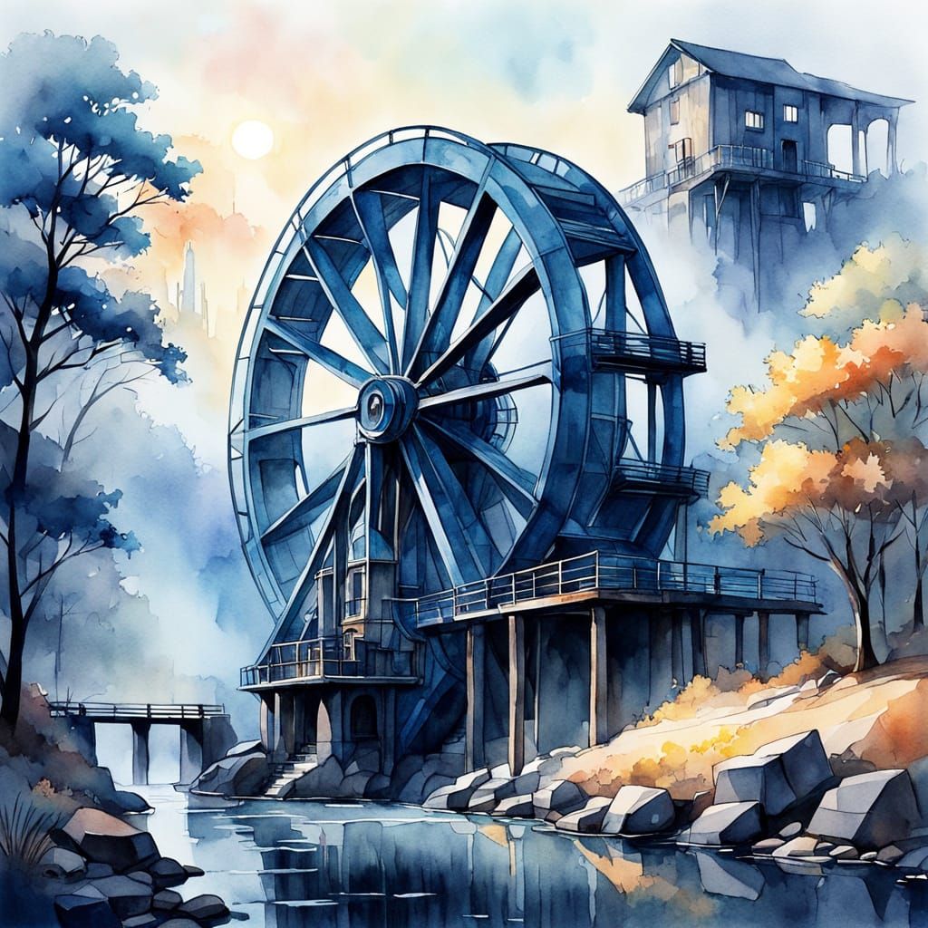 Futuristic Waterwheel in Soft Watercolor Hues