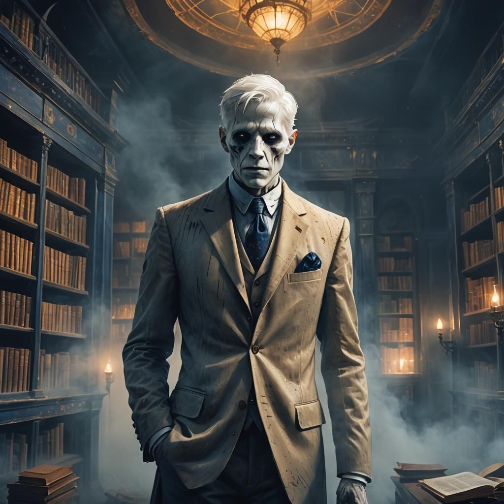 Ghostly Man in Abandoned Library: Gothic Fantasy Art