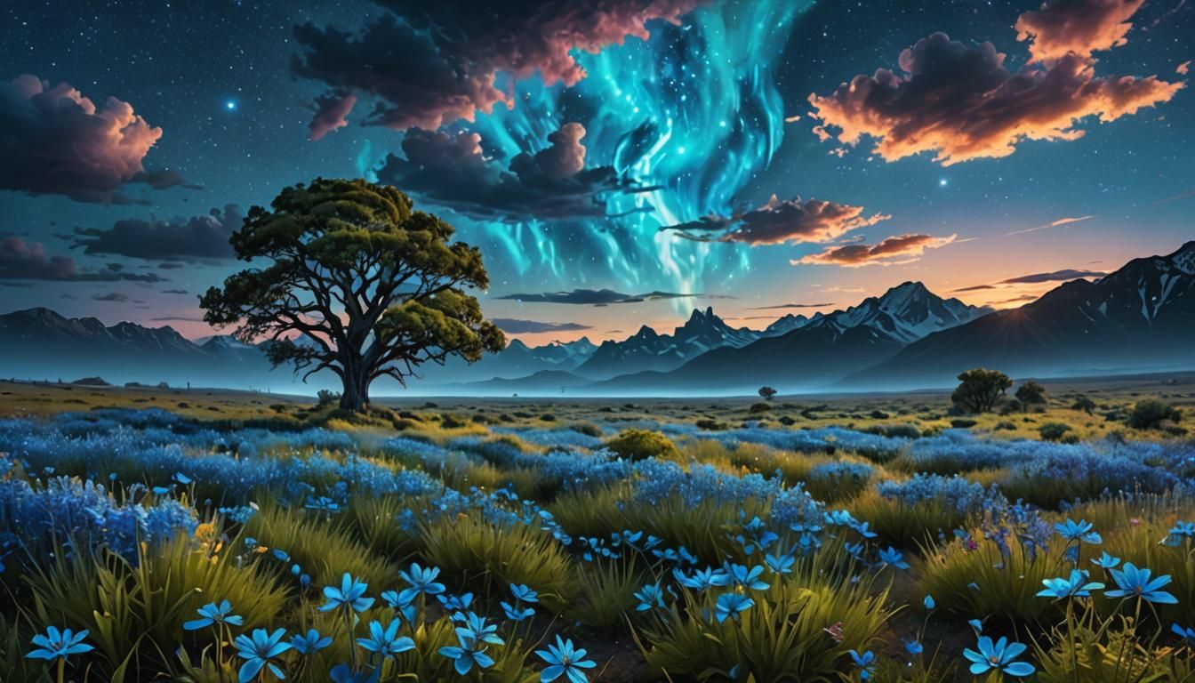 Bioluminescent Wildflower Field Under Cosmic Sky