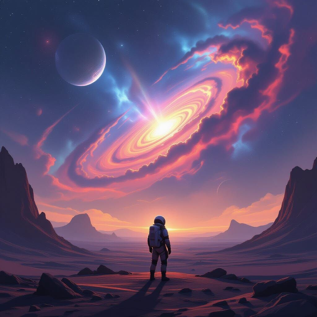 Astronaut Gazing at Nebula on Alien Planet