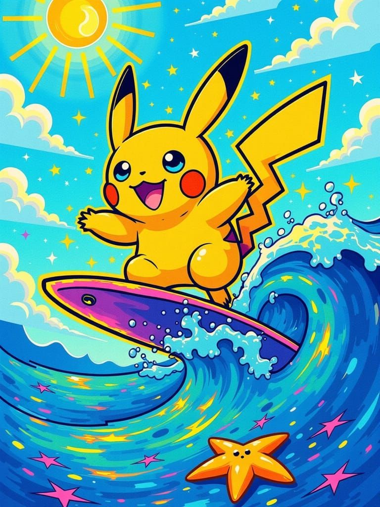 Pikachu Surfing a Wave in Neon Marker Style