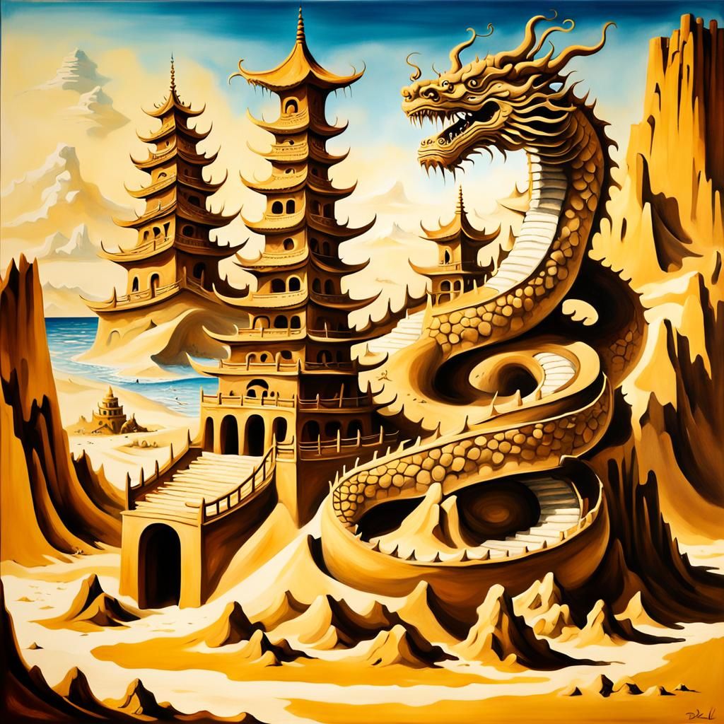 Surreal Chinese Pagoda Sandcastle with Dragon, Dali Style