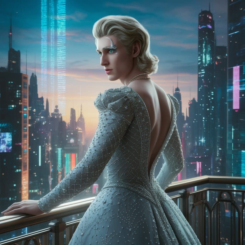 Androgynous Figure in Silver Gown Overlooks Futuristic City