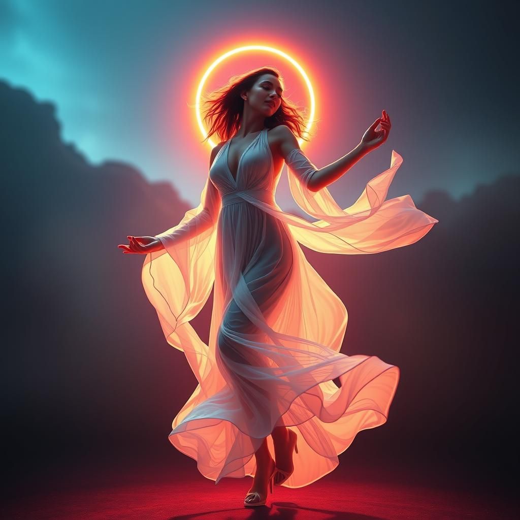 Ethereal Dancer in Futuristic Neon Landscape