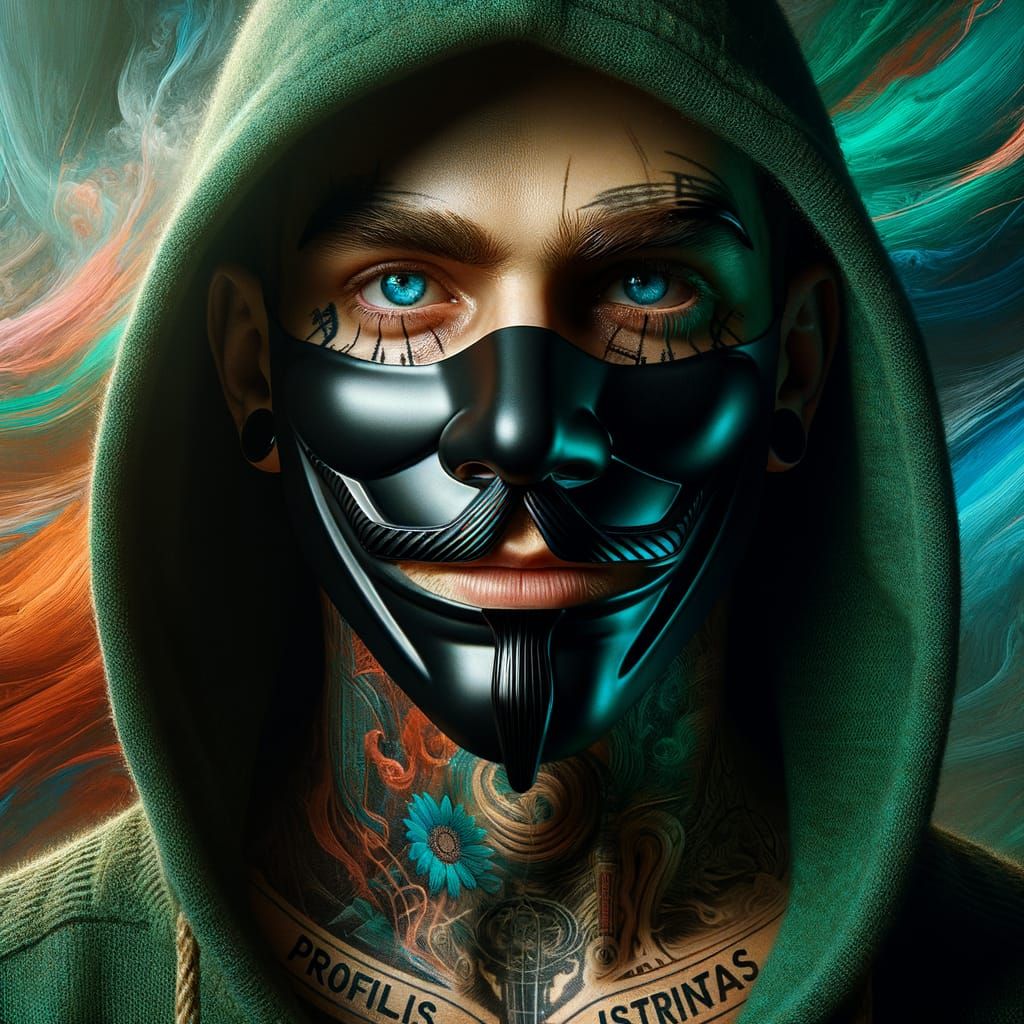 Man with Mask and Blue Eyes in Dramatic Lighting