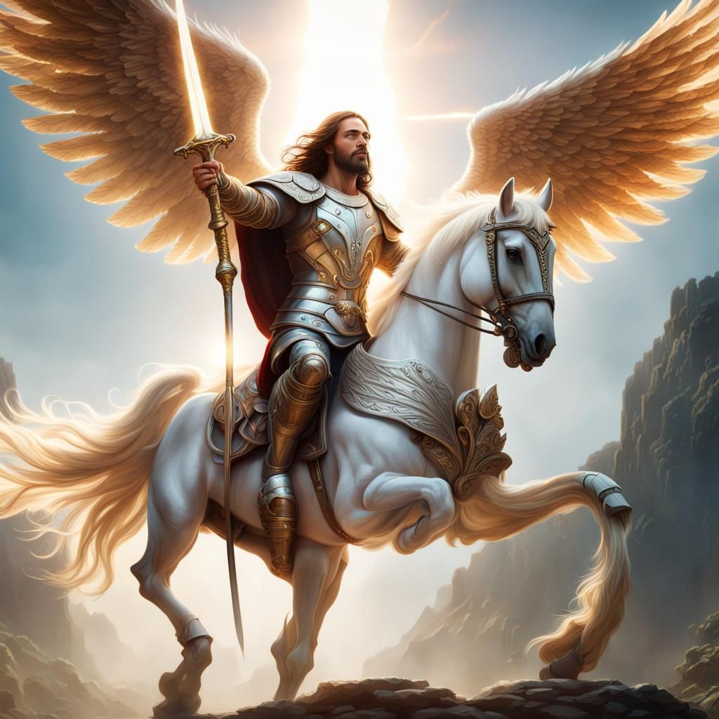 Jesus Christ on Winged Horse with Sword of Light