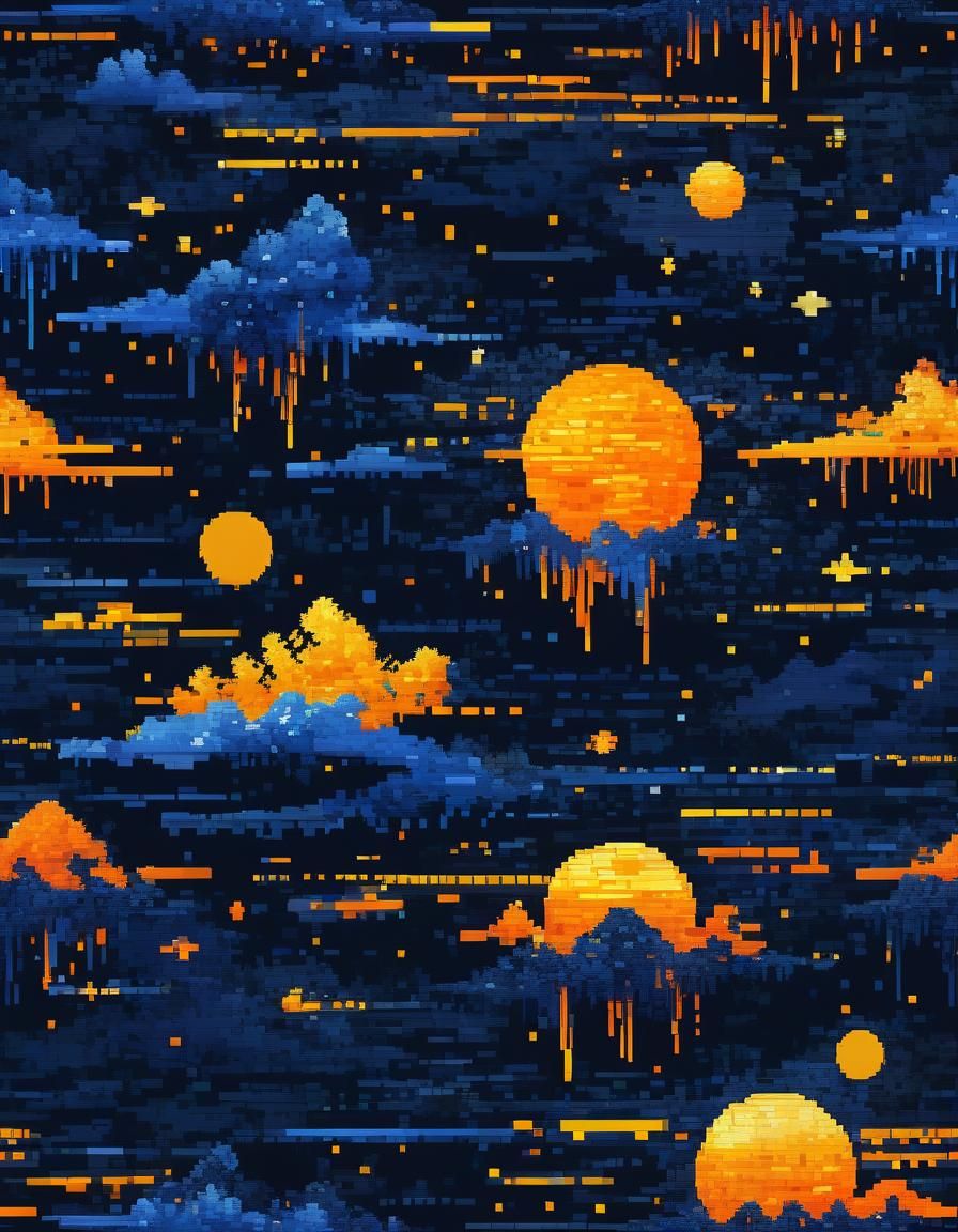 Ethereal Pixel Art Cocktail in Dark Blue and Orange