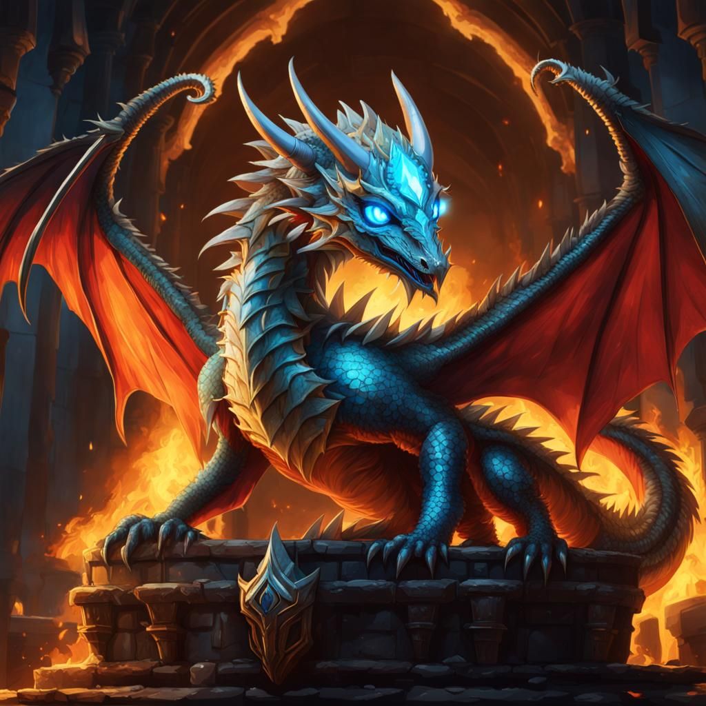 Young Gold Dragon Wyrmling in Burning Ruins