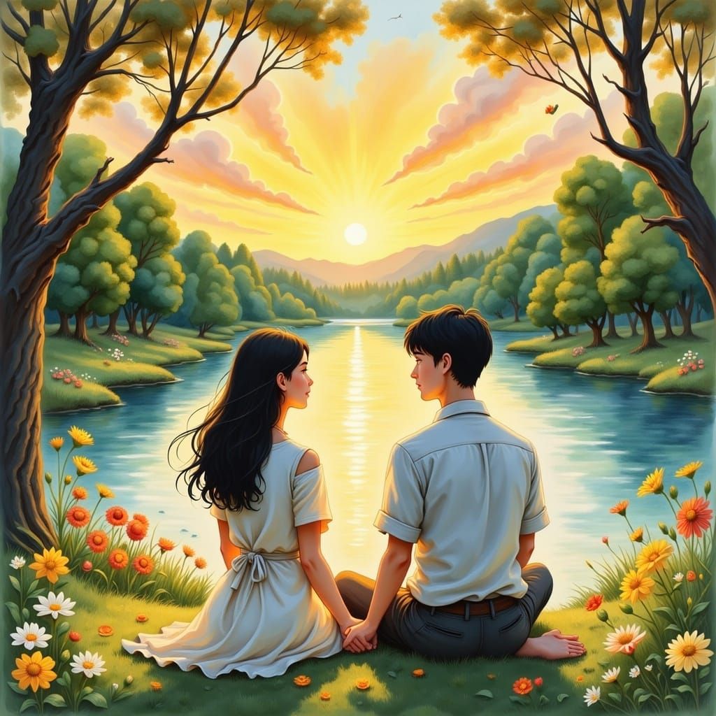 Couple Lost in Thought at Sunset on Serene Lake