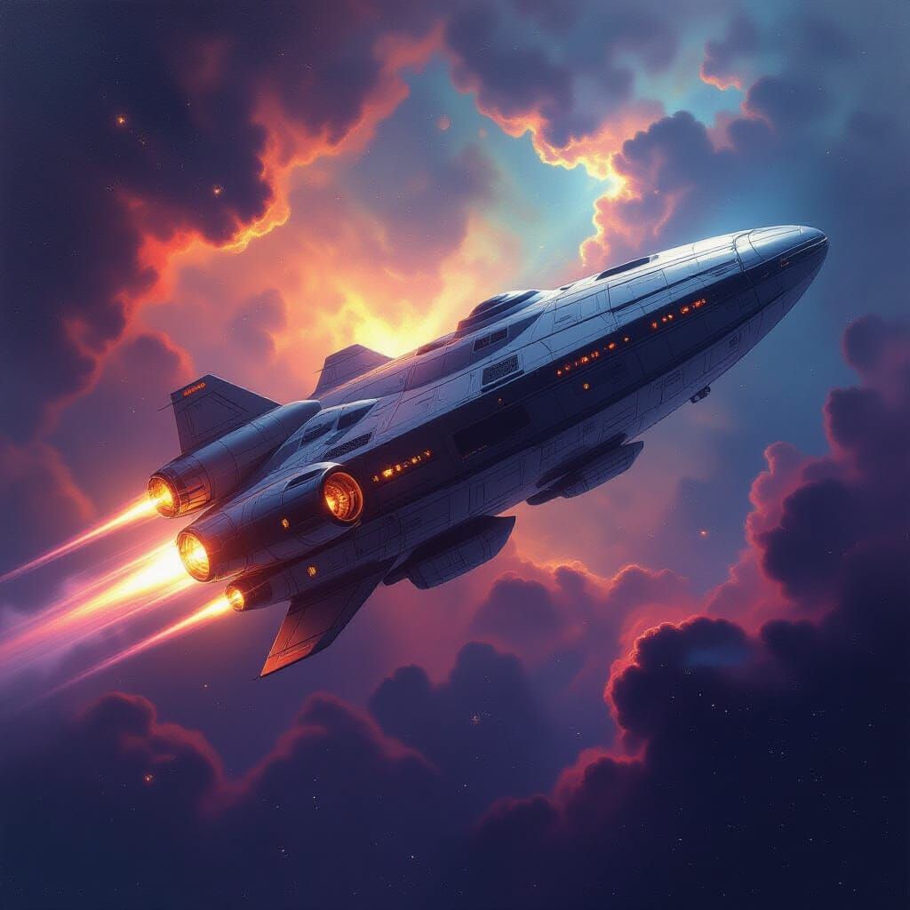 Hyperrealistic Spaceship in Vibrant Nebula Oil Painting