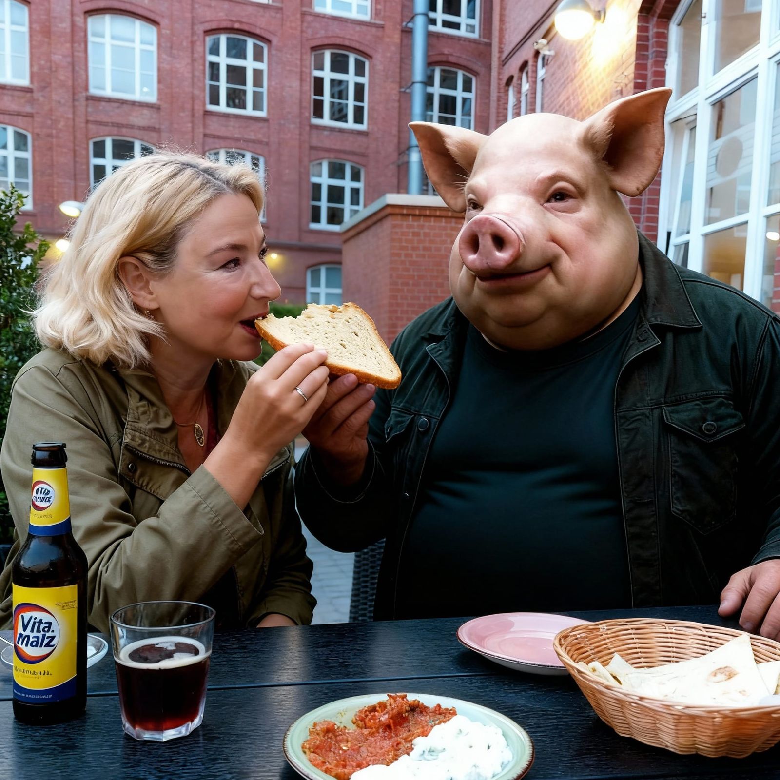 Woman Shares Bread with Pig-Man in Romantic Cinematic Scene