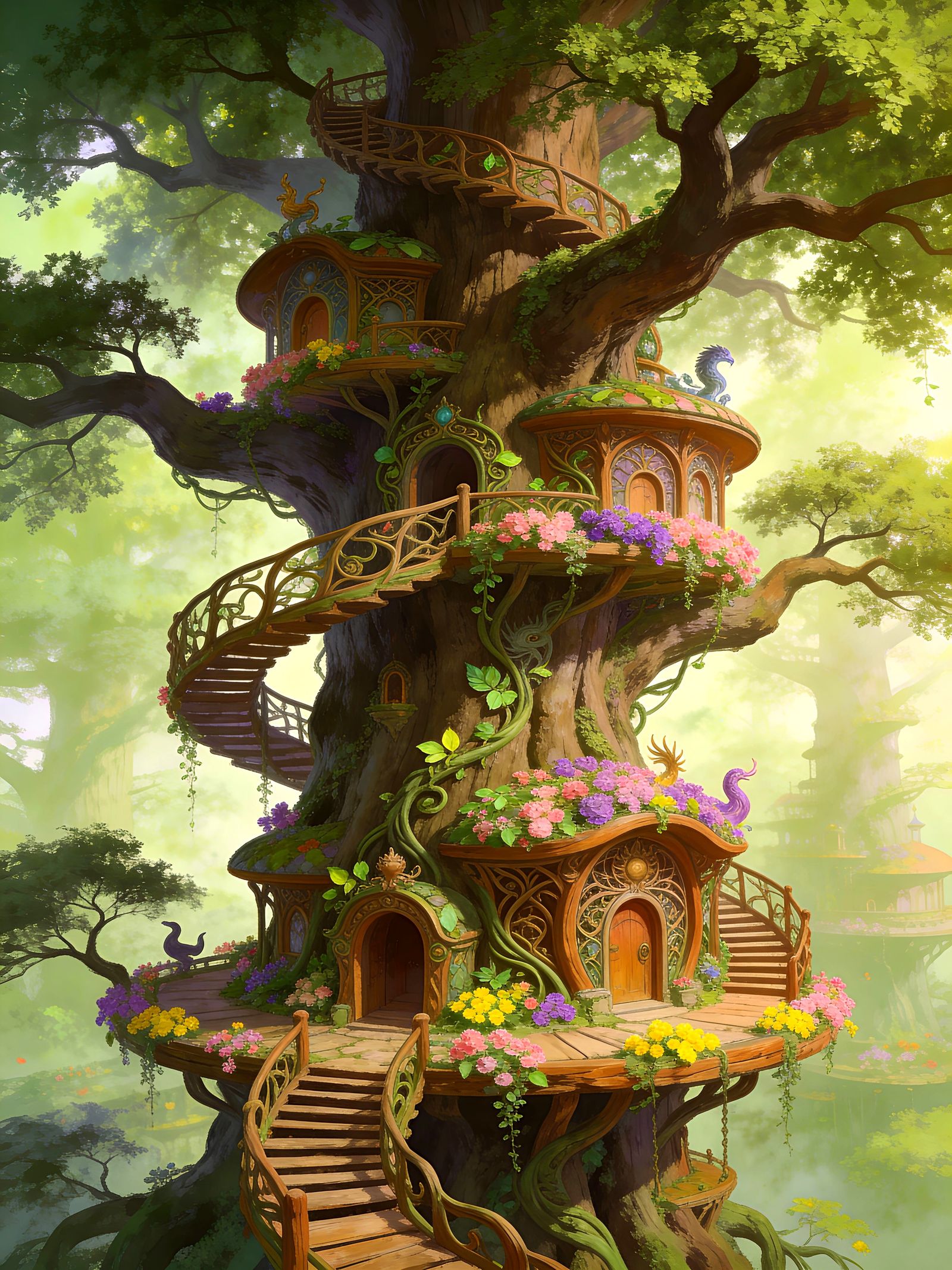 Elven Tree City Fantasy Illustration