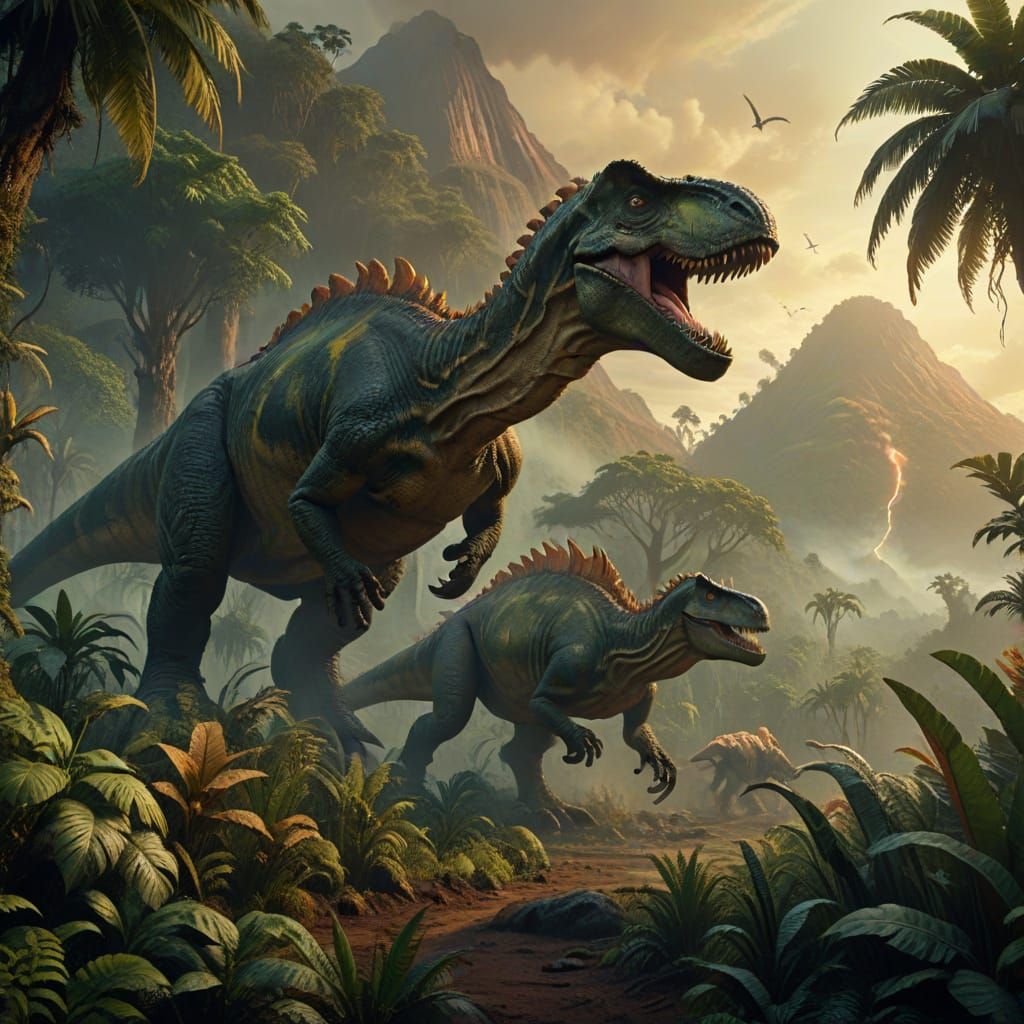 Towering Dinosaurs in Prehistoric Jungle, Paleoart Realism