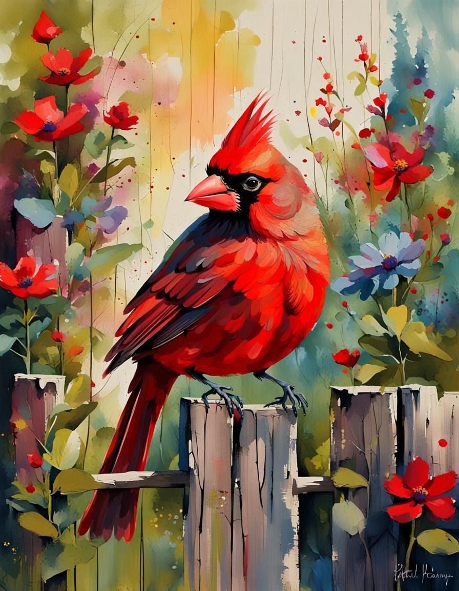Red Cardinal on Fence in Whimsical Folk Art Style