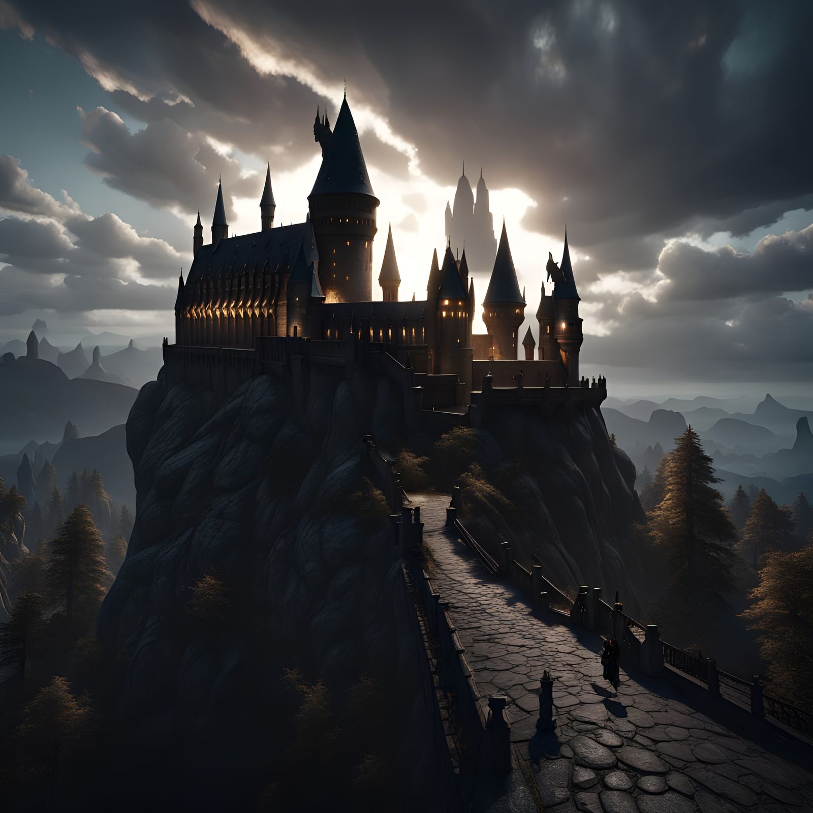 Hogwarts, Hippogriff, and Dragon in Dark Sky