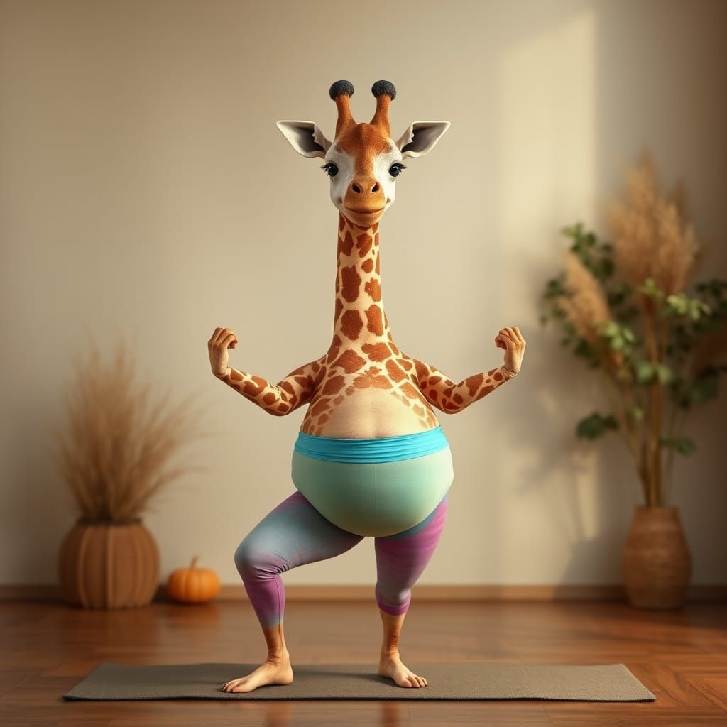 e of a chubby giraffe with a big tummy like a ball doing yoga poses in yoga pants, smiling, highly detailed, photorealis...